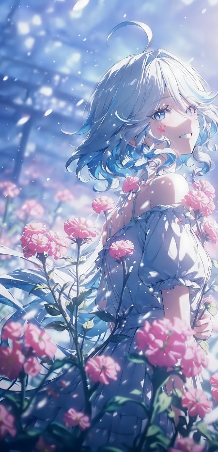 蓝发少女置身粉色花海温柔微笑动漫手机壁纸