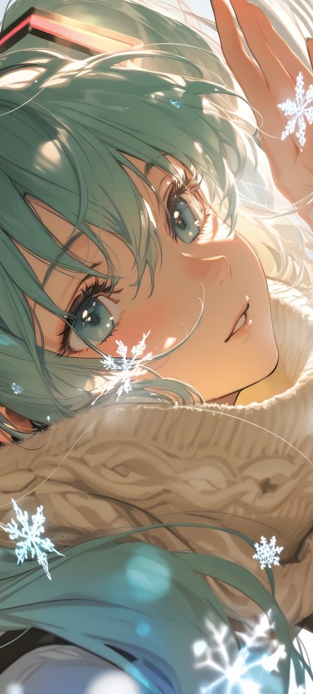 绿发少女戴围巾仰望雪花飘落冬日插画动漫手机壁纸
