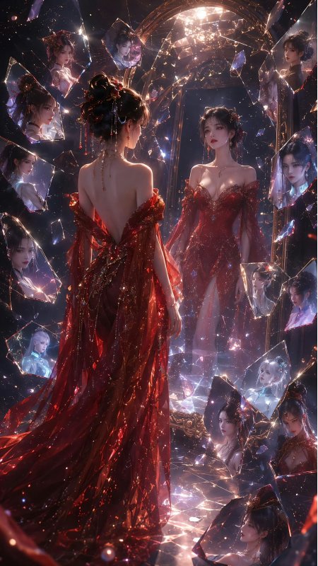 红衣露背美女镜中倒影破碎水晶环绕人物手机壁纸