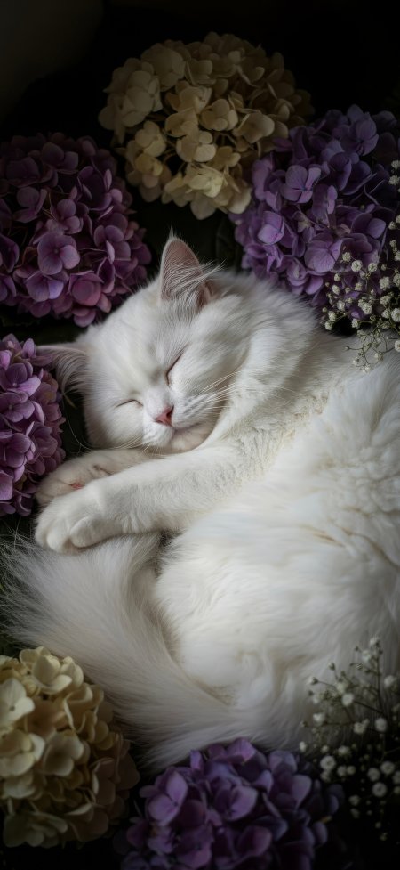 白色猫咪蜷缩花丛中可爱宠物手机壁纸