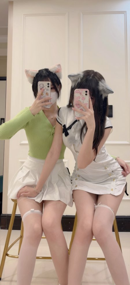 两位美女戴猫耳发饰穿短裙对镜自拍可爱造型摄影手机壁纸
