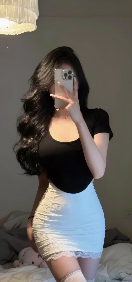 美女穿黑上衣白短裙对镜自拍时尚摄影手机壁纸