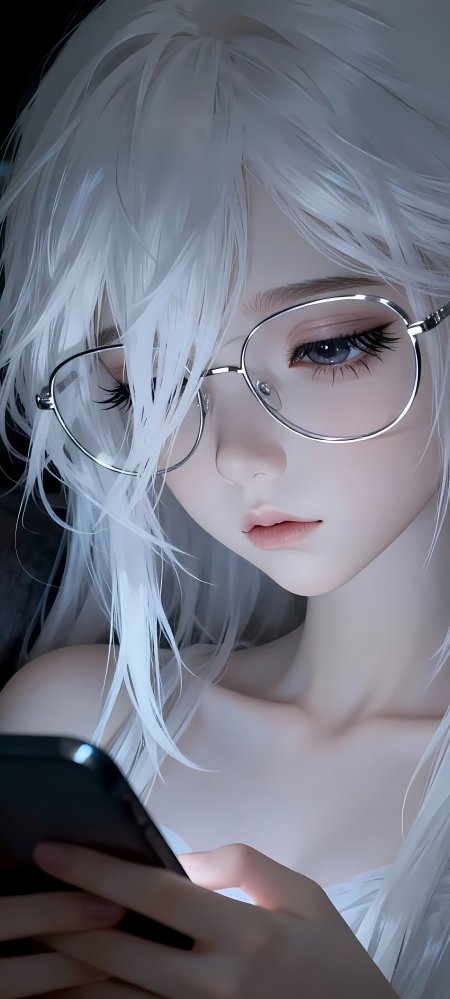 白发戴眼镜少女低头看手机特写插画动漫手机壁纸