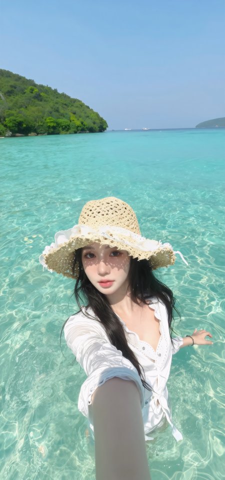 美女戴草帽穿白衣海边自拍度假摄影手机壁纸