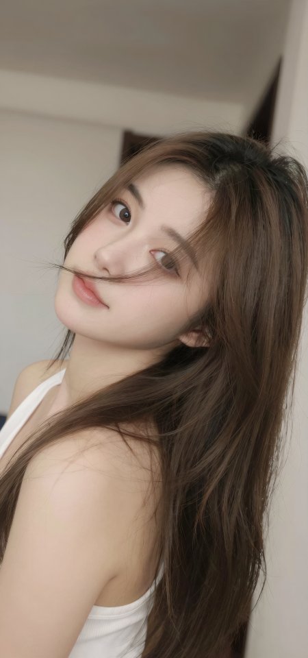 美女穿白色背心长发侧颜温柔摄影手机壁纸