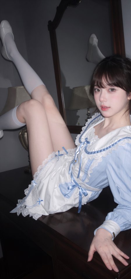 美女穿蓝白蕾丝裙躺桌抬腿性感摄影手机壁纸