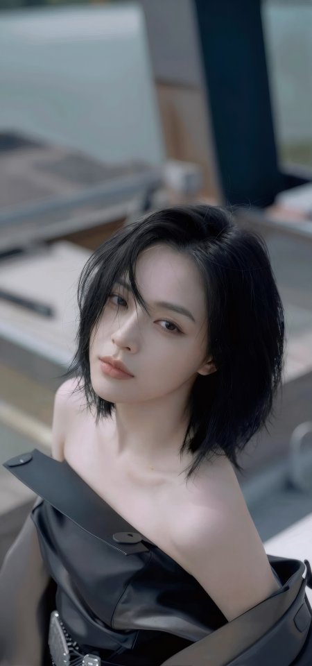 美女穿黑色单肩上衣短发酷感摄影手机壁纸