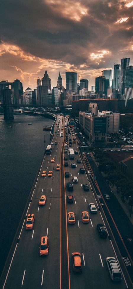 纽约布鲁克林大桥黄昏车流城市景观风景手机壁纸