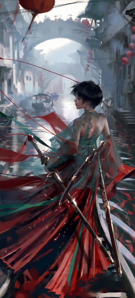 wlop 鬼刀小绿少女持剑立于水乡古镇背影插画动漫手机壁纸