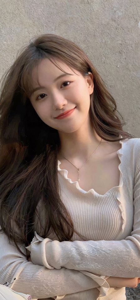 美女穿米色上衣微笑靠墙温柔摄影手机壁纸