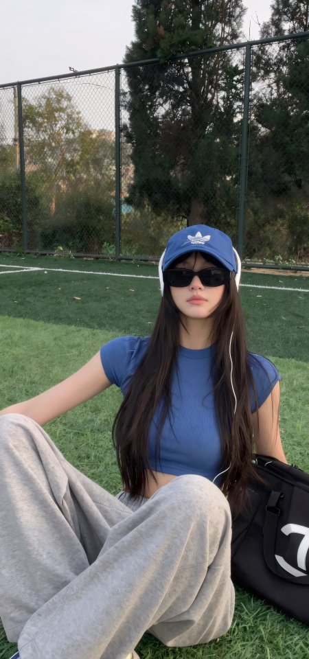 美女戴蓝帽穿短T坐草地休闲摄影手机壁纸
