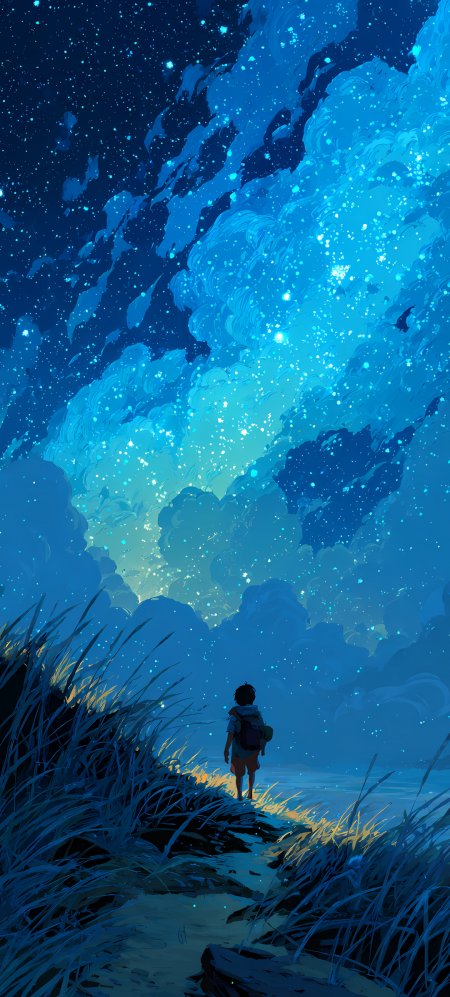 少年仰望星空梦幻插画动漫手机壁纸