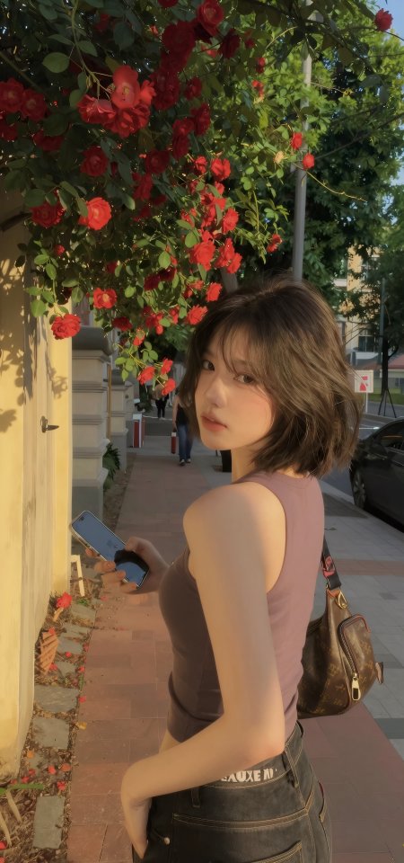 美女穿无袖上衣站玫瑰花墙边街拍摄影手机壁纸