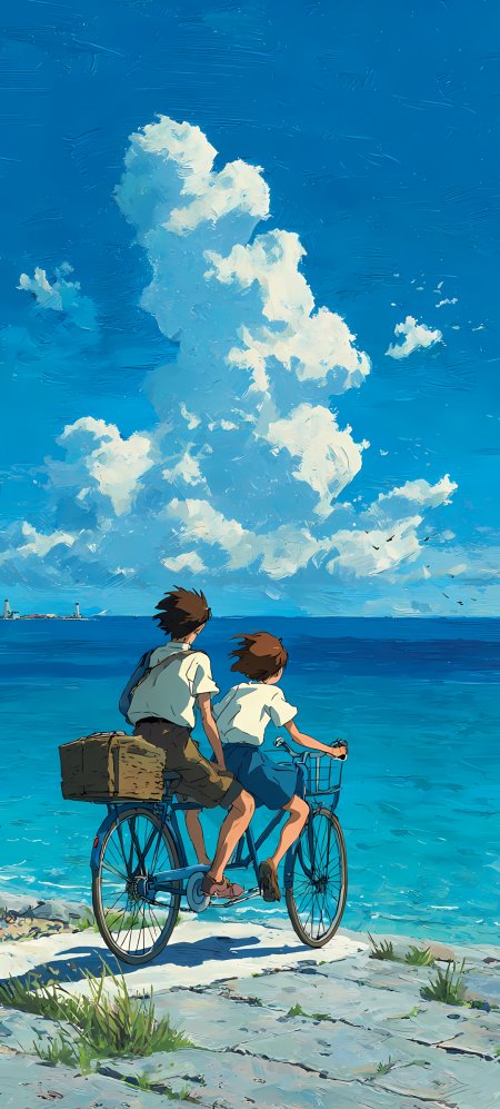 少年少女海边骑自行车插画动漫手机壁纸