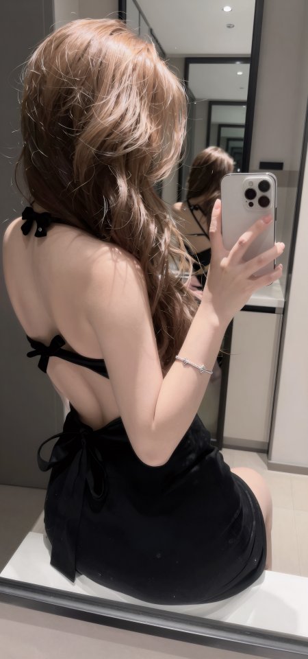 美女身穿露背黑裙对镜自拍优雅造型摄影手机壁纸