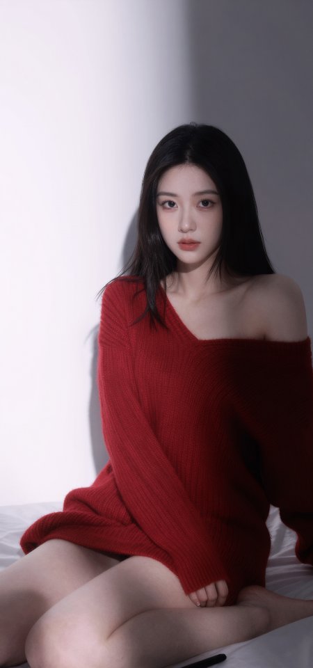 美女穿红色露肩毛衣床上慵懒摄影手机壁纸