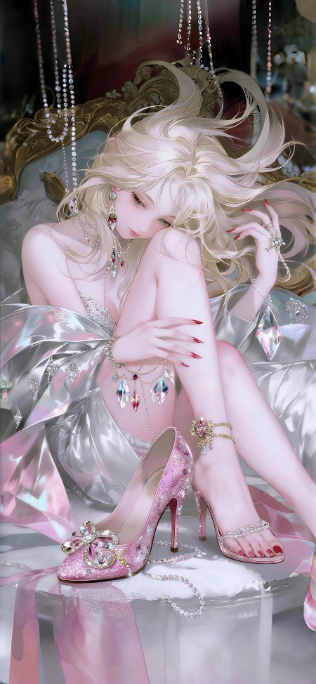金发少女穿银色礼服坐沙发旁粉色高跟鞋插画动漫手机壁纸