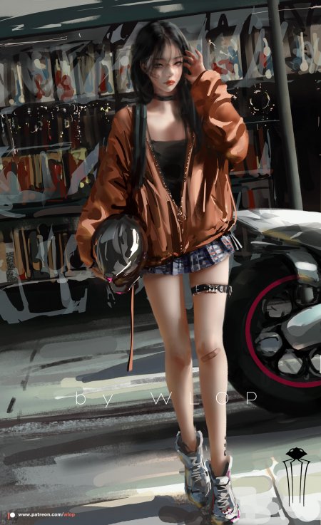 wlop 云虫少女身穿棕色夹克手拿头盔机车少女手机壁纸