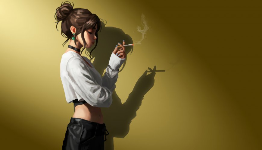 盘发少女侧脸抽烟黄背景插画动漫少女电脑壁纸