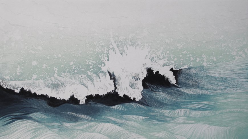 海浪翻涌水墨风格自然景观风景电脑壁纸