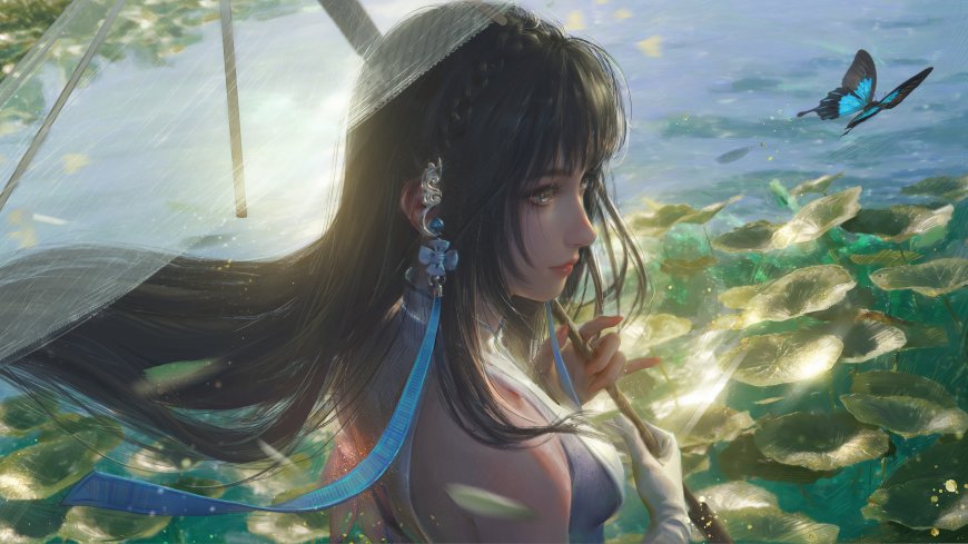 古风少女撑伞荷塘蝴蝶飞舞动漫少女电脑壁纸