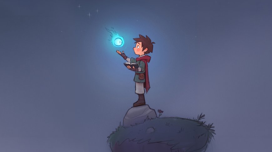 卡通男孩山顶托举蓝色光球夜空背景创意电脑壁纸