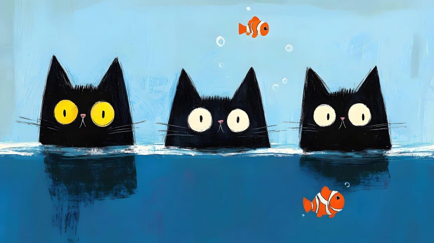 三只黑猫水中凝视小丑鱼创意插画创意电脑壁纸