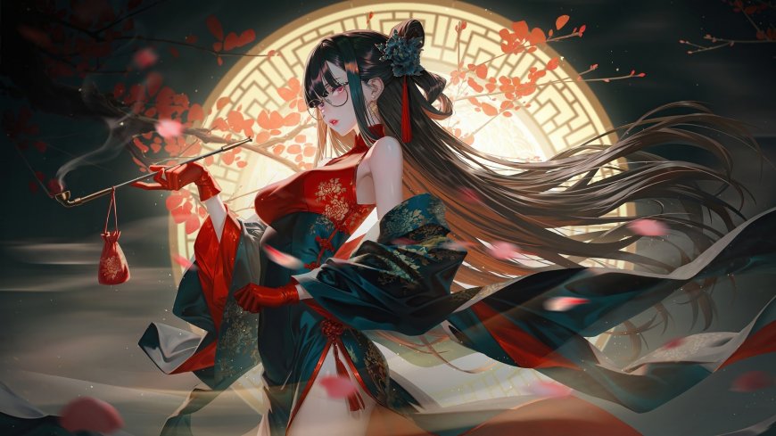国风旗袍少女手持烟斗古典韵味动漫少女电脑壁纸