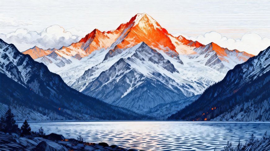 日照金山雪山湖泊倒影线条艺术风景电脑壁纸