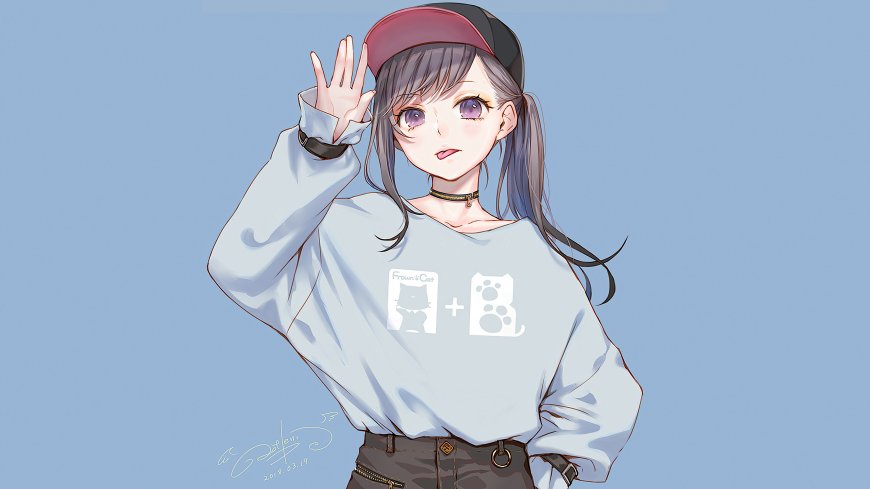 戴棒球帽卫衣二次元少女挥手微笑动漫少女电脑壁纸