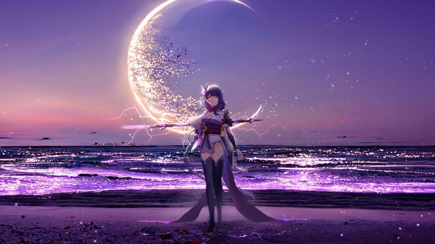 原神雷电将军紫发持枪月夜海岸动漫少女电脑壁纸