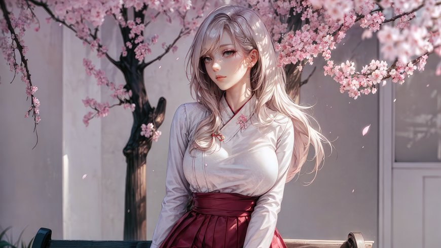 樱花树下长发少女和风服饰唯美动漫少女电脑壁纸