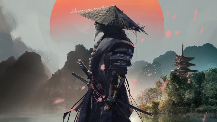 日式武士斗笠持刀夕阳塔楼山水意境动漫人物电脑壁纸