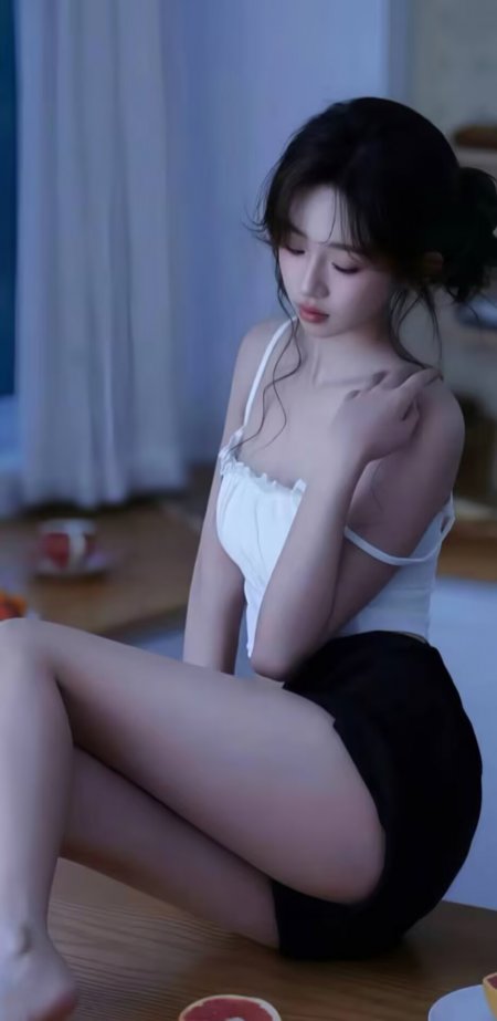 美女白色吊带黑色短裤木桌旁居家纯欲风写真人物手机壁纸