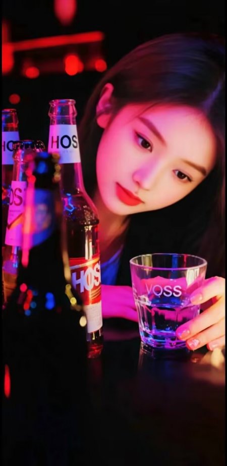 美女酒吧霓虹灯下手持酒杯时尚摄影人物手机壁纸