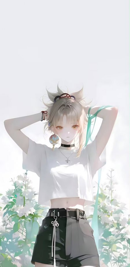 银发猫耳少女白色短T恤花丛站立动漫手机壁纸