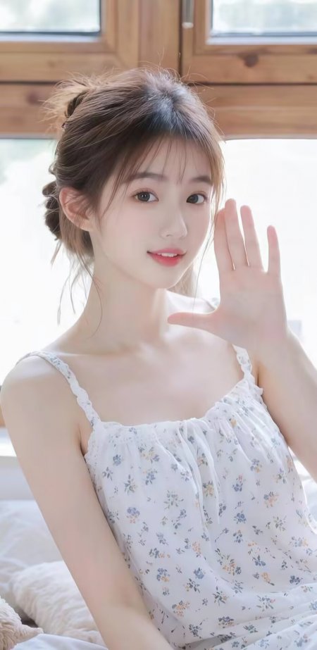 美女白色碎花吊带裙窗边挥手清新居家摄影人物手机壁纸