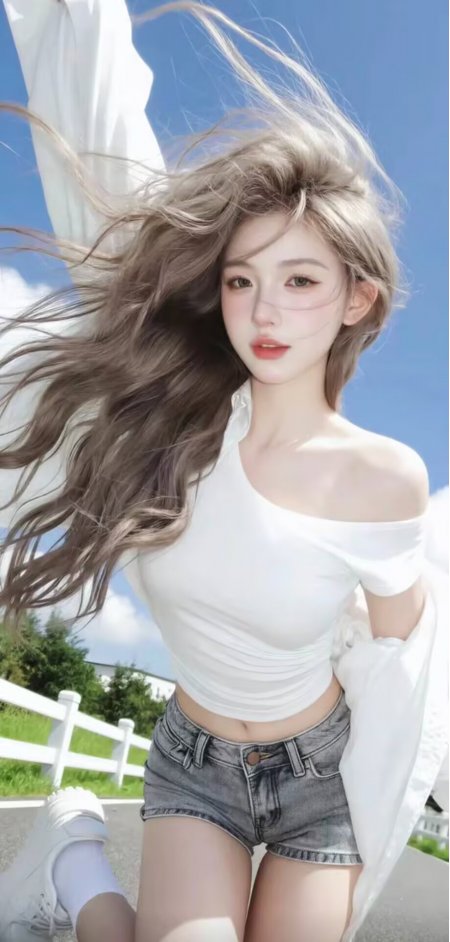 美女白色露肩上衣牛仔短裤户外清新人物手机壁纸