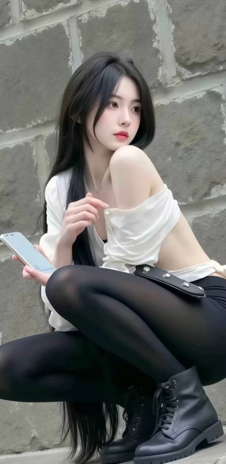 白色露肩上衣美女黑色紧身裤石墙前蹲姿人物手机壁纸