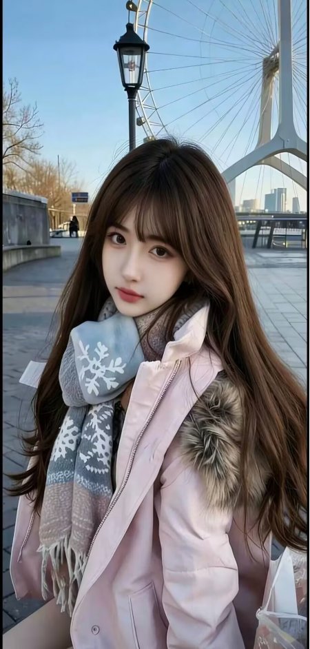 美女粉色毛领外套雪花围巾摩天轮前冬日街拍人物手机壁纸