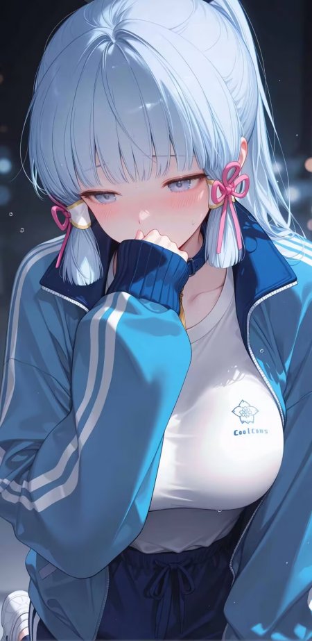 蓝发运动少女粉色蝴蝶结运动外套羞涩表情动漫手机壁纸