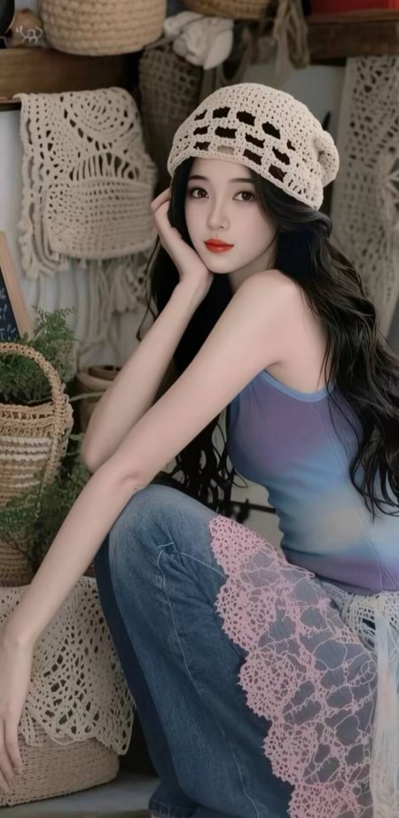 美女米色针织帽渐变吊带牛仔裤手作店摆拍人物手机壁纸