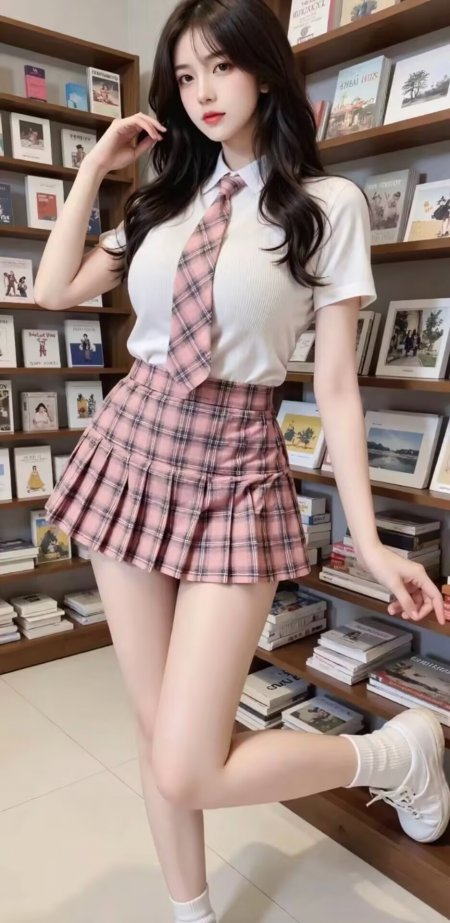 美女白色衬衫粉格领带百褶裙书店青春风写真人物手机壁纸