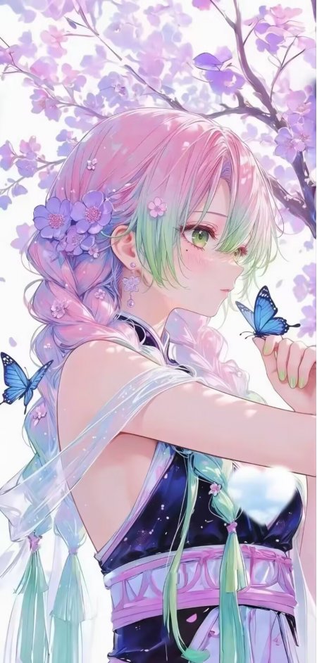 粉绿渐变长发少女蝴蝶樱花动漫手机壁纸