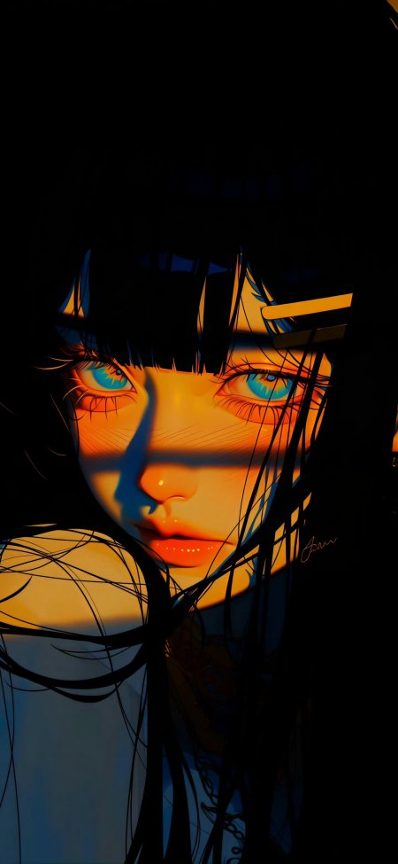 蓝瞳黑发少女橙光暗影面部特写动漫手机壁纸