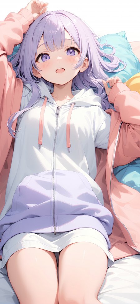 紫发少女白色连帽衫床上慵懒姿态动漫手机壁纸