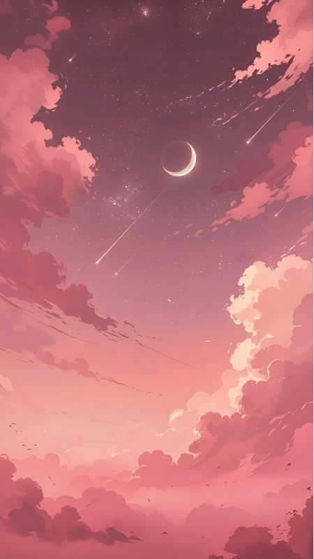 粉紫星云月牙流星雨梦幻风景手机壁纸