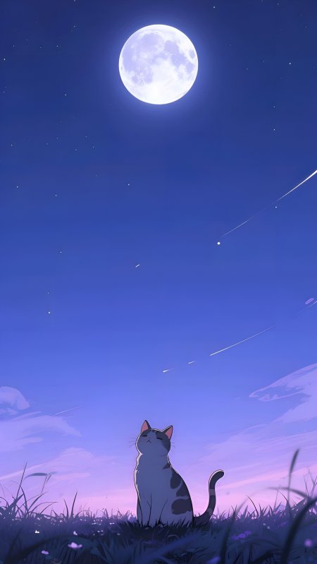 猫咪仰望满月星空夜景动漫手机壁纸