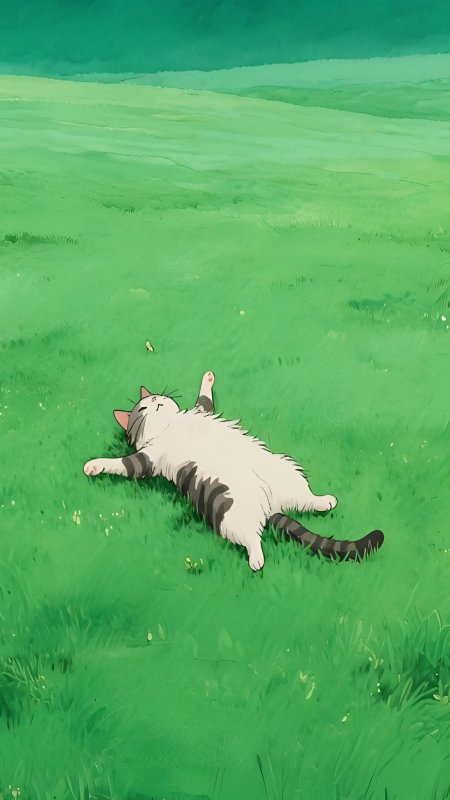 猫咪绿色草地慵懒躺卧动漫手机壁纸