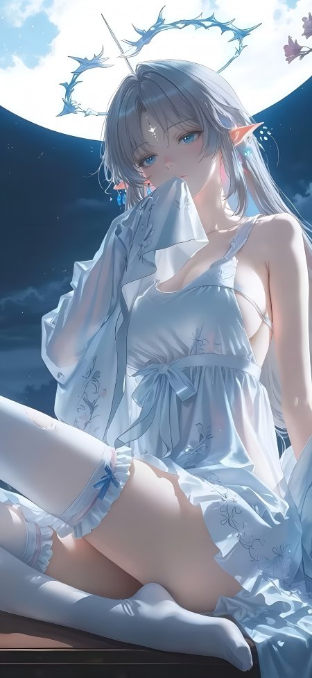 蓝裙精灵月光下静谧少女动漫手机壁纸